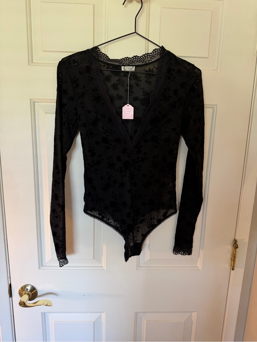 Free People Black Floral Burnout Lace-Trim Long Sleeve Bodysuit